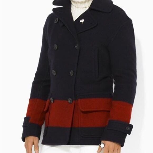 Polo Ralph Lauren Merino Wool Black & Red Double Breasted Top Over Pea Coat - Picture 7 of 16
